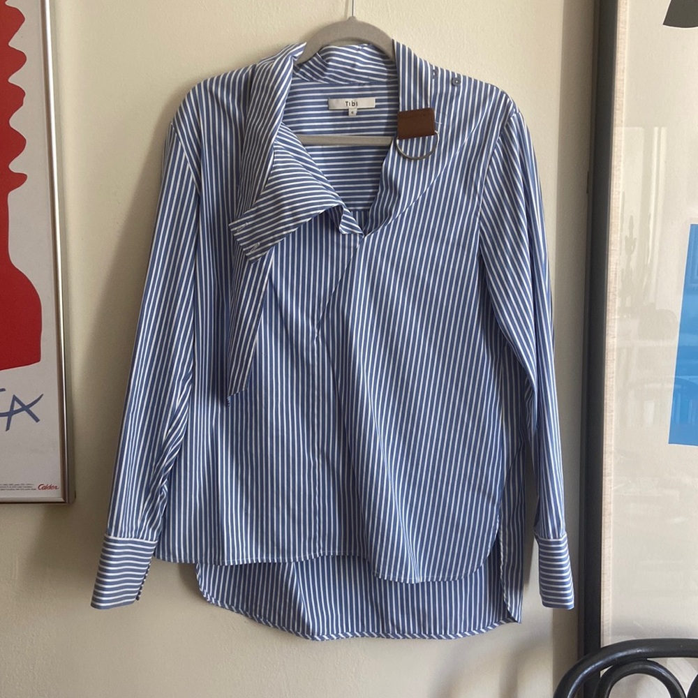 Tibi Oversized Buckle Collar Blue and White Shirt